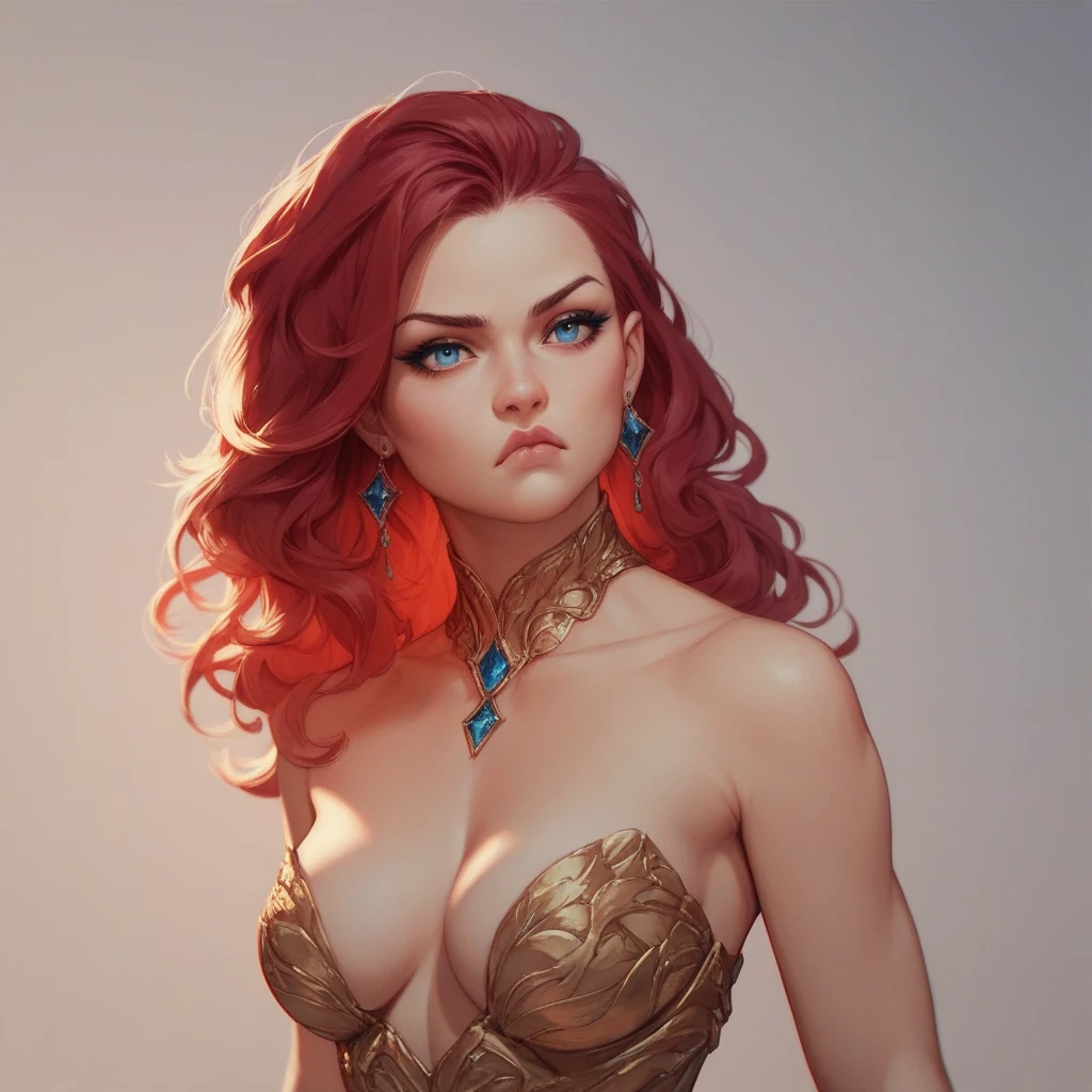 Beautiful tall woman with red hair and blue eyes, a beautiful red pout super realistic and detailed suit outfit