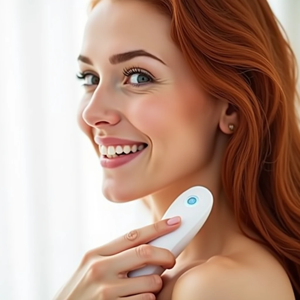 large close-up of the woman's face over the entire surface, woman in profile, red-haired, smiling, looking at the camera, the whole face is sharp, it is on a white background, she is holding a vibrator in her hand