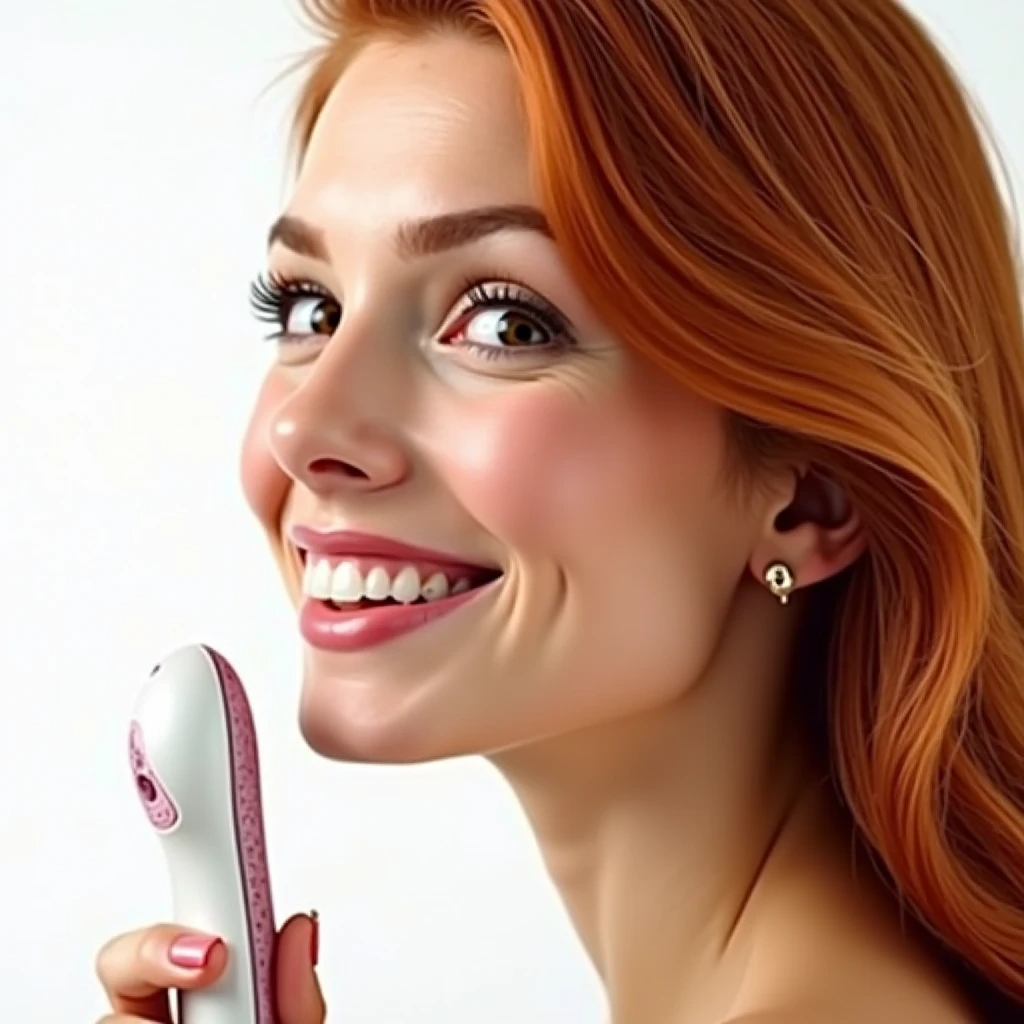 large close-up of the woman's face over the entire surface, woman in profile, red-haired, smiling, looking at the camera, the whole face is sharp, it is on a white background, she is holding a vibrator in her hand