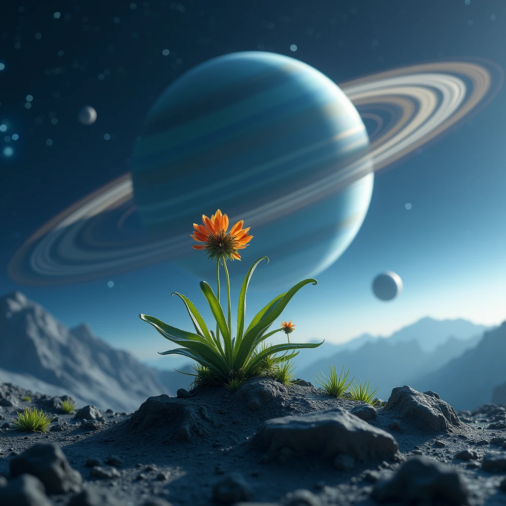 Ultra realistic image in 85 kl and high definition a small plant on an unknown planet in the sky a distant planet with rings and the infinite black space and its stars and distant galaxies