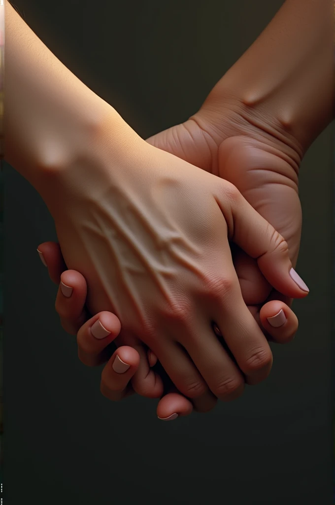 Make a hyper realistic picture of two hands holding together with love..