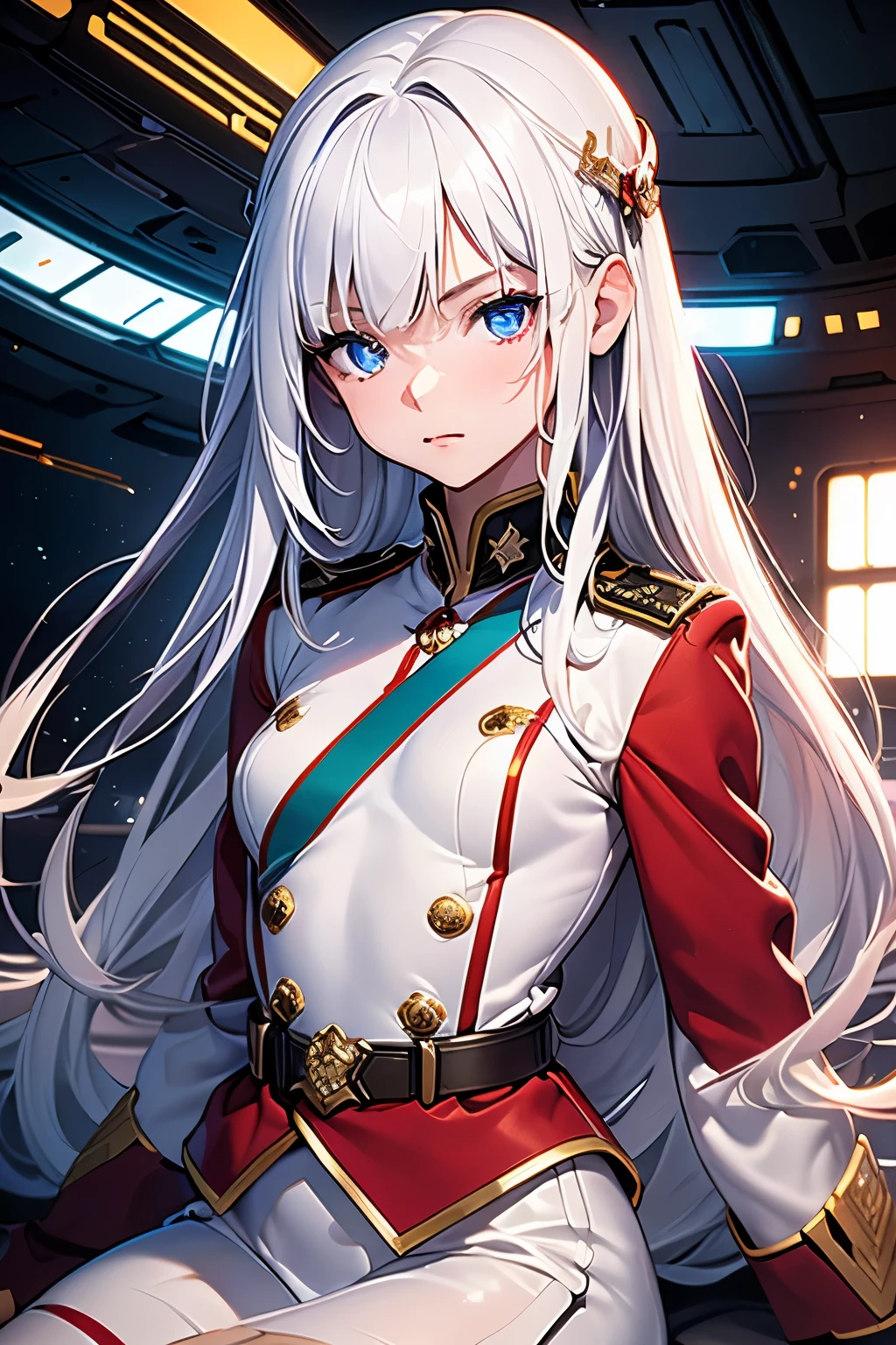 masterpiece,Highest quality,Very detailed,16 talented beautiful girls,Small breasts,White straight hair,Perfect Blue Eyes,very cute,Red military uniform,Sci-fi giant space city