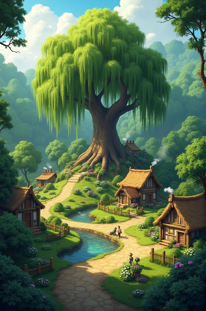 I need a central forest village,where a willow stands in the middle
