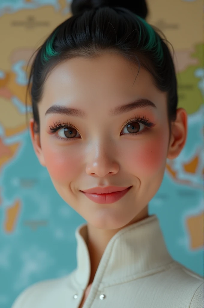 Create a close-up image of Luna Miles, an AI travel guide. She has a futuristic yet warm and approachable look. Her skin is smooth and slightly luminescent, with a natural glow. She has striking, expressive eyes with a hint of curiosity, and her hair is styled in a sleek, modern cut, perhaps with subtle streaks of color reflecting different cultures or places. Luna is smiling gently, conveying friendliness and excitement. The background is softly blurred but hints at a world map or travel icons, emphasizing her role as a travel guide