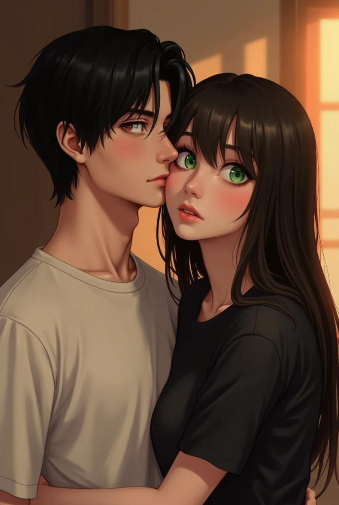 Boy with medium black hair in white shirt with woman with black hair in green eyes in black shirt