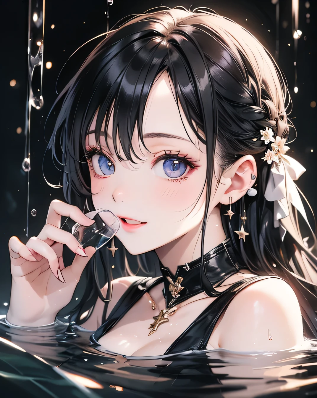 Highest quality, Masterpiece, 4K, Night view, Close-up photo, Mid-chest, Bathing near a waterfall, Body immersed in water, slender cheeks, Wet Hair, Lift your chin, Fascinating face, stone, pure water, Showing cleavage, splashing water on the body, Looking up at the sky and smiling, Black ponytail, (blue eyes:), Beautiful adult face, Soft Volume Light, (Backlight: 1.3), (Cinematic: 1.3), Intricate details, (Art Station)