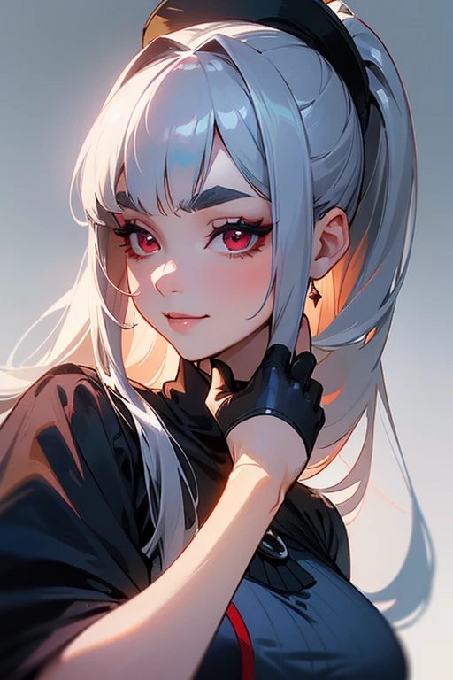 (Highest quality, masterpiece:1.2), High resolution, The highest masterpiece、Very detailed, Realistic:1.37, Fantasy, An illustration,Gray Hair、 Red eyes、Queen, Navy and blue dress、beautifully、Eyeshadow Red、Thick eyebrows、Long eyelashes、pupils are black、shiny on the lips、Top Sites、Queen、PRİNCESS、A kind smile、Soft impression、people々々Loved by、Slimming the face、Shoulder Bare、ponytail、Kissing Face、Long white hair、Shaggy Bangs、(Save face image).(Gothicta)、(A kind smile)、(Background white)、