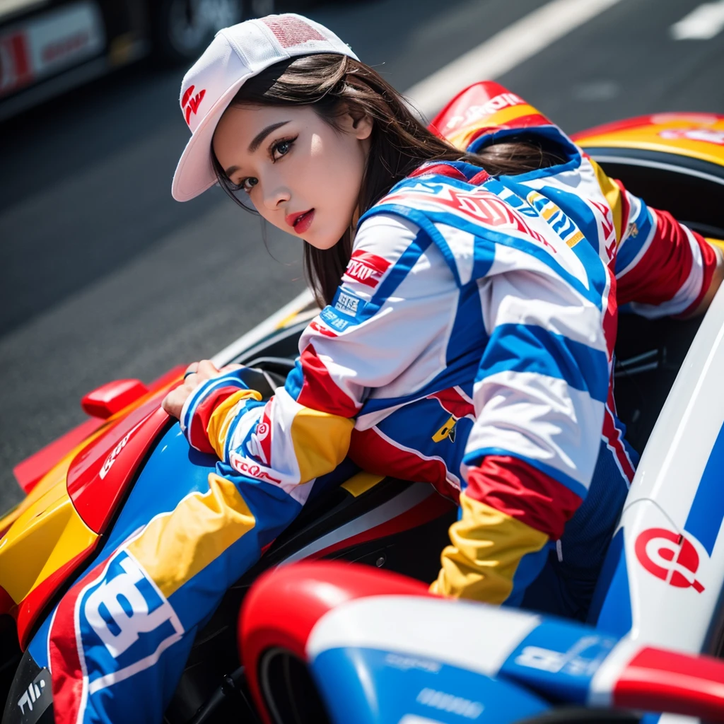 Super detailed photos、Detailed face、Cool woman、Colorful costumes、F1 Driver Cosplay、Colorful costumes、Clothing with company logo、The Grid Girls' colorful and flashy costumes、Grid Girls、Perfect Face、Paddock Girls、harem、motor Show、tights、Bodycon Costumes、Grid Girls、Russia、Grid Girlsのコスプレ、belly button、Pleated skirt、Bodycon Costumes、Legs open pose、With legs spread