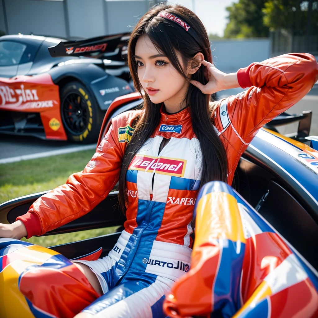 Super detailed photos、Detailed face、Cool woman、Colorful costumes、F1 Driver Cosplay、Colorful costumes、Clothing with company logo、The Grid Girls&#39; colorful and flashy costumes、Grid Girls、Perfect Face、Paddock Girls、harem、motor Show、tights、Bodycon Costumes、Grid Girls、Russia、Grid Girlsのコスプレ、belly button、Pleated skirt、Bodycon Costumes、Legs open pose、With legs spread