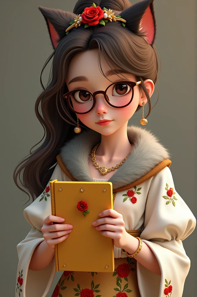 Imagem da filha da Ramona Badwof e da Rosabella Beauty de Ever After High: You have to have a long wavy brown ponytail with bangs and red highlights in your hair, first of all, light brown eyes, brown glasses with a red rose, long white blouse with red roses and green leaves on the blouse and sleeves, golden skirt with golden roses, a faux fur collar around the neck of gray color, brown high heel boots with roses, golden flower tiara on head, wolf earrings, wolf pendant and a yellow tablet with red roses in hands