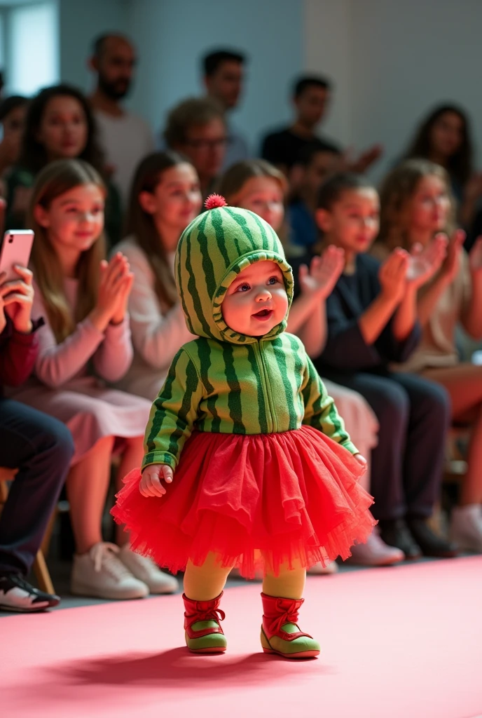 14k, full body, スイカをイメージしたコスチュームを着た赤ちゃん An audience taking photos and clapping., bright fashion showroom, seated audience, diagonal shot --v 6.1