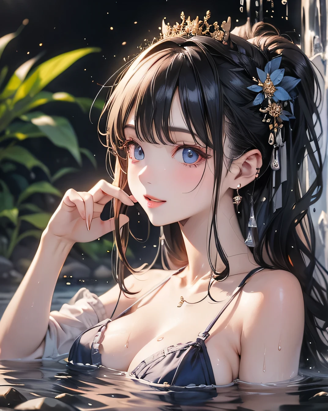 Highest quality, Masterpiece, 4K, Night view, Close-up photo, Mid-chest, Bathing near a waterfall, Body immersed in water, slender cheeks, Wet Hair, Lift your chin, Fascinating face, stone, pure water, Showing cleavage, splashing water on the body, Looking up at the sky and smiling, Black ponytail, (blue eyes:), Beautiful adult face, Soft Volume Light, (Backlight: 1.3), (Cinematic: 1.3), Intricate details, (Art Station)