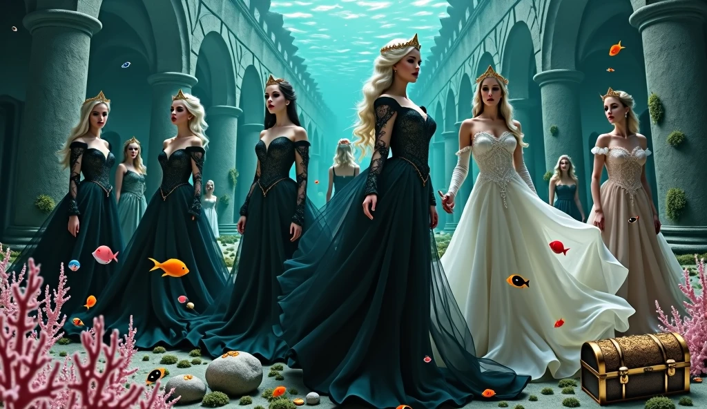 Extra wide angle 16:9 in a big under water ballroom. A super-realistic 18 y.o. beautiful queen sisters and friends mixed together, each in a different poses, europeans. 3 queens are dressed in a black many layered medieval lace-dresses in many layered riven and flowing with gothic garnish. Hyper-realistic fine detailed human eyes 1:1, black long flowing hair with black crowns. 4 queens have light blonde long hair, wearing shiny-gold crowns with pink crystals, dressed in a white and pale pink lace, medieval dresses 1:1. All the queens have best perfect hands, five fingers on each hand, small breasts cleavage, (fine detailed perfect eyes 1:1). Hyper detailed skin on body 1:1. Their faces have perfect detailed skin 1:1. They are all floating in a dark deep sea above a((big medieval ballroom very old realistic 1:3) in an old gothic perished palace)) on the bottom of the sea. Night scene with only pale moonlight. On the bottom of the palace floor are pink corals. Sea moss. Bright colored blue, pink, orange, green fishes swimming around. Octopus. Treasure chest with gold coins and jewelry in it. A fantastic scene that uses 3D Surreal 3D model.The entire setup is masterpiece 1:3 framed with the grandeur of medieval gothic style. photographed in a Canon EOS R5, 50mm Lens, F/2.8, (8K)"