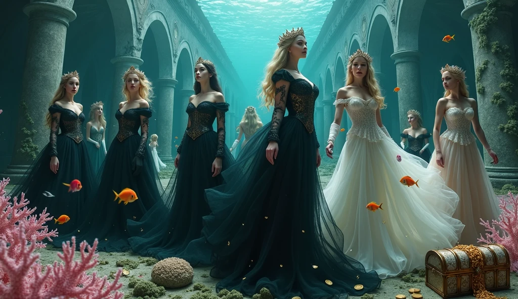 Extra wide angle 16:9 in a big under water ballroom. A super-realistic 18 y.o. beautiful queen sisters and friends mixed together, each in a different poses, europeans. 3 queens are dressed in a black many layered medieval lace-dresses in many layered riven and flowing with gothic garnish. Hyper-realistic fine detailed human eyes 1:1, black long flowing hair with black crowns. 4 queens have light blonde long hair, wearing shiny-gold crowns with pink crystals, dressed in a white and pale pink lace, medieval dresses 1:1. All the queens have best perfect hands, five fingers on each hand, small breasts cleavage, (fine detailed perfect eyes 1:1). Hyper detailed skin on body 1:1. Their faces have perfect detailed skin 1:1. They are all floating in a dark deep sea above a((big medieval ballroom very old realistic 1:3) in an old gothic perished palace)) on the bottom of the sea. Night scene with only pale moonlight. On the bottom of the palace floor are pink corals. Sea moss. Bright colored blue, pink, orange, green fishes swimming around. Octopus. Treasure chest with gold coins and jewelry in it. A fantastic scene that uses 3D Surreal 3D model.The entire setup is masterpiece 1:3 framed with the grandeur of medieval gothic style. photographed in a Canon EOS R5, 50mm Lens, F/2.8, (8K)"