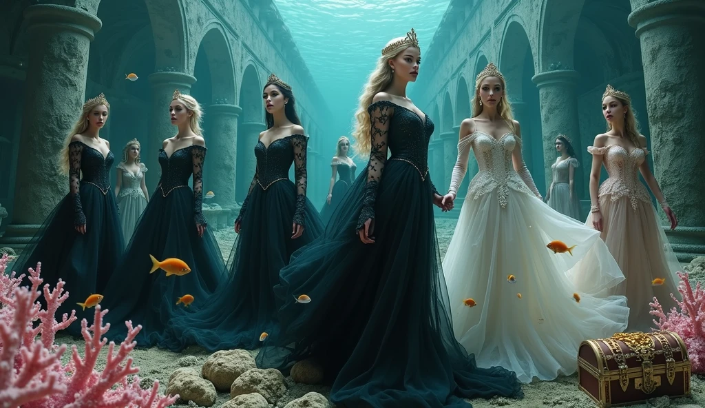 Extra wide angle 16:9 in a big under water ballroom. A super-realistic 18 y.o. beautiful queen sisters and friends mixed together, each in a different poses, europeans. 3 queens are dressed in a black many layered medieval lace-dresses in many layered riven and flowing with gothic garnish. Hyper-realistic fine detailed human eyes 1:1, black long flowing hair with black crowns. 4 queens have light blonde long hair, wearing shiny-gold crowns with pink crystals, dressed in a white and pale pink lace, medieval dresses 1:1. All the queens have best perfect hands, five fingers on each hand, small breasts cleavage, (fine detailed perfect eyes 1:1). Hyper detailed skin on body 1:1. Their faces have perfect detailed skin 1:1. They are all floating in a dark deep sea above a((big medieval ballroom very old realistic 1:3) in an old gothic perished palace)) on the bottom of the sea. Night scene with only pale moonlight. On the bottom of the palace floor are pink corals. Sea moss. Bright colored blue, pink, orange, green fishes swimming around. Octopus. Treasure chest with gold coins and jewelry in it. A fantastic scene that uses 3D Surreal 3D model.The entire setup is masterpiece 1:3 framed with the grandeur of medieval gothic style. photographed in a Canon EOS R5, 50mm Lens, F/2.8, (8K)"