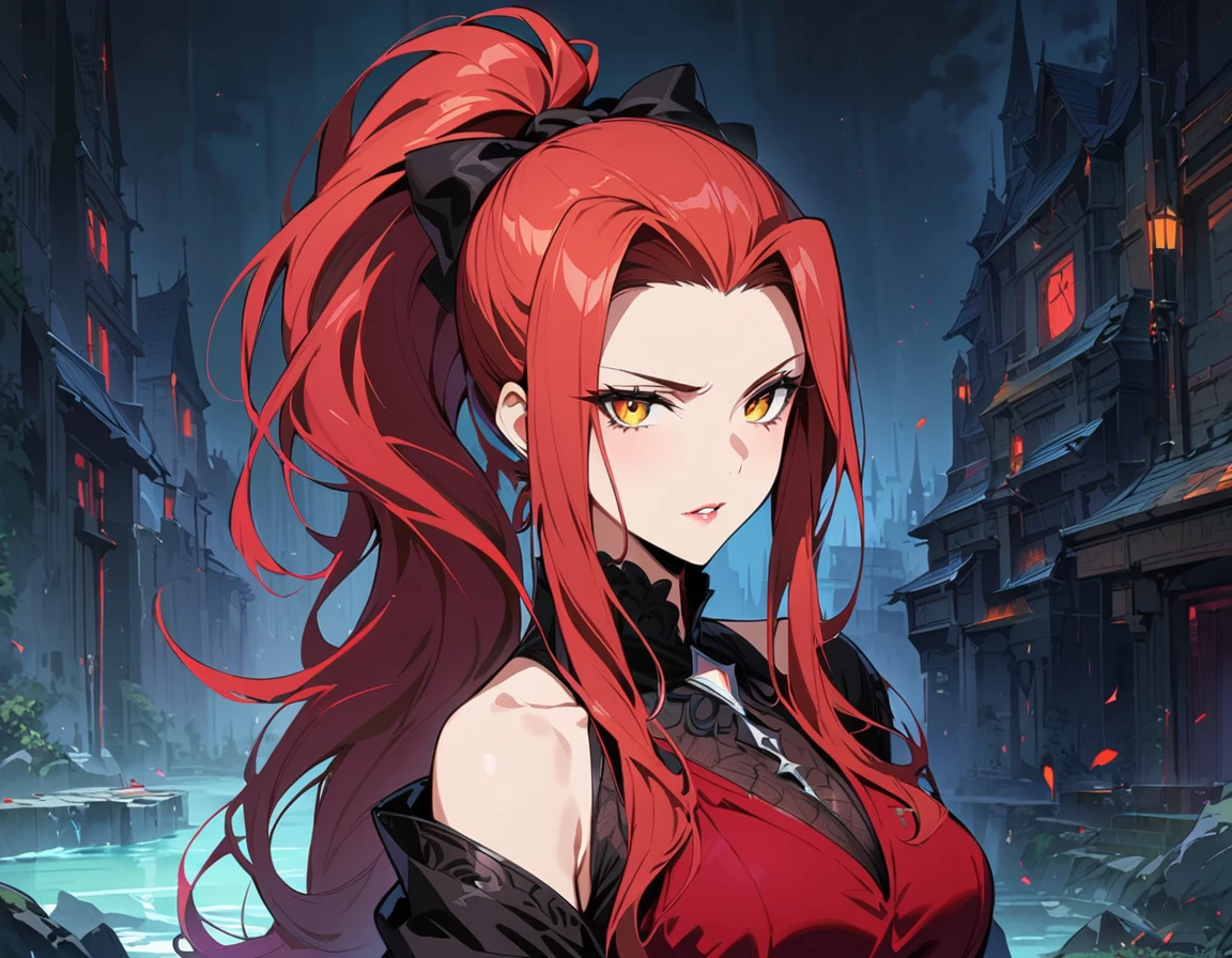 Long red hair, yellow eyes, evil, sexy, black and red clothes, tied hair, cute hairstyle, evil face, evil, serious look, gloss lips, sit, sinister, front look, bloody, gloves, beautiful eyes, short dress, big white, dark place, night, sensual, straigh hair cut, clear skin, evil, young 30 years girl, adult girl, solo, red, very long hair, HAIR DOWN, ANKLE LENGTH HAIR, FIERCE EXPRESSION, villain, handsome older WOMAN,crimson-eyes,crimson pupils,Long CRIMSONhair,Hyperresolution,accuracy,Detailed rendering,(Subtle facial image)(Image of fine hair)(topquality)(Masterpieces of masters)(High degree of completeness)(A sense of atmosphere)tmasterpiece,Super detailed and super detailed(portrait))(((Mature woman))) (((Villain))) (((Older female)))(((half body view)))(((Hair tied back into a long ponytail)))