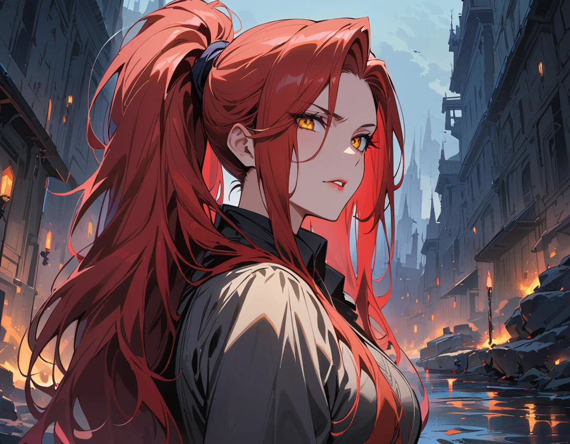 Long red hair, yellow eyes, evil, sexy, black and red clothes, tied hair, cute hairstyle, evil face, evil, serious look, gloss lips, sit, sinister, front look, bloody, gloves, beautiful eyes, short dress, big white, dark place, night, sensual, straigh hair cut, clear skin, evil, young 30 years girl, adult girl, solo, red, very long hair, HAIR DOWN, ANKLE LENGTH HAIR, FIERCE EXPRESSION, villain, handsome older WOMAN,crimson-eyes,crimson pupils,Long CRIMSONhair,Hyperresolution,accuracy,Detailed rendering,(Subtle facial image)(Image of fine hair)(topquality)(Masterpieces of masters)(High degree of completeness)(A sense of atmosphere)tmasterpiece,Super detailed and super detailed(portrait))(((Mature woman))) (((Villain))) (((Older female)))(((half body view)))(((Hair tied back into a long ponytail)))