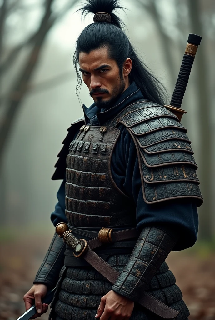 samurai warrior, ((masterpiece, highest quality, Highest image quality, High resolution, Raw photo, 8K)), ((Extremely detailed CG unified 8k wallpaper)), (huge stunning warrior shot, full body, musclural body beauty:1.4), black hair, black hair, nervous, Posing for the camera, In a warrior fighting stance, tall, rugged man with a distinctive wild, unkempt appearance, often depicted with a disheveled topknot and simple, battle-worn clothing, reflecting his focus on substance over style., photorealistic, 16k, 8k, 4K, award winning