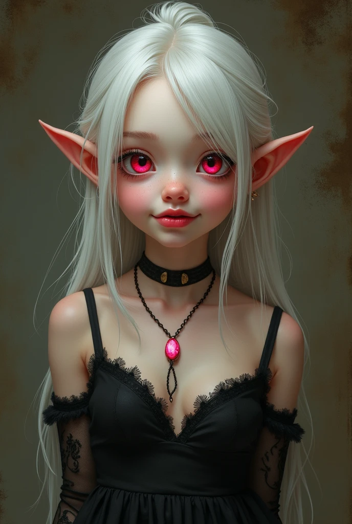 Looking into the camera, the elf girl, 1, wearing a dark dress and outfit, Red eyes, big sweet smile, long white hair tied up, fair skin, masterpiece, wearing a pink gem necklace, wearing black stockings on her hands, wearing a black headband, curvy body posture, old low quality, ahegao, tounge Out, sloppy face, spit naked