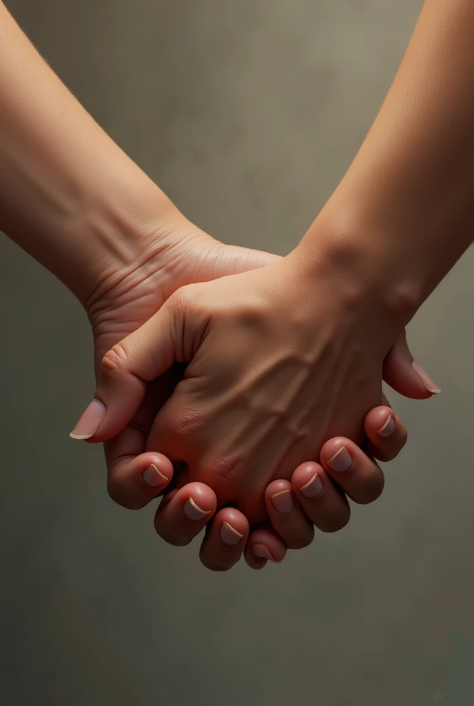 Make a hyper realistic picture of two hands holding together with love..