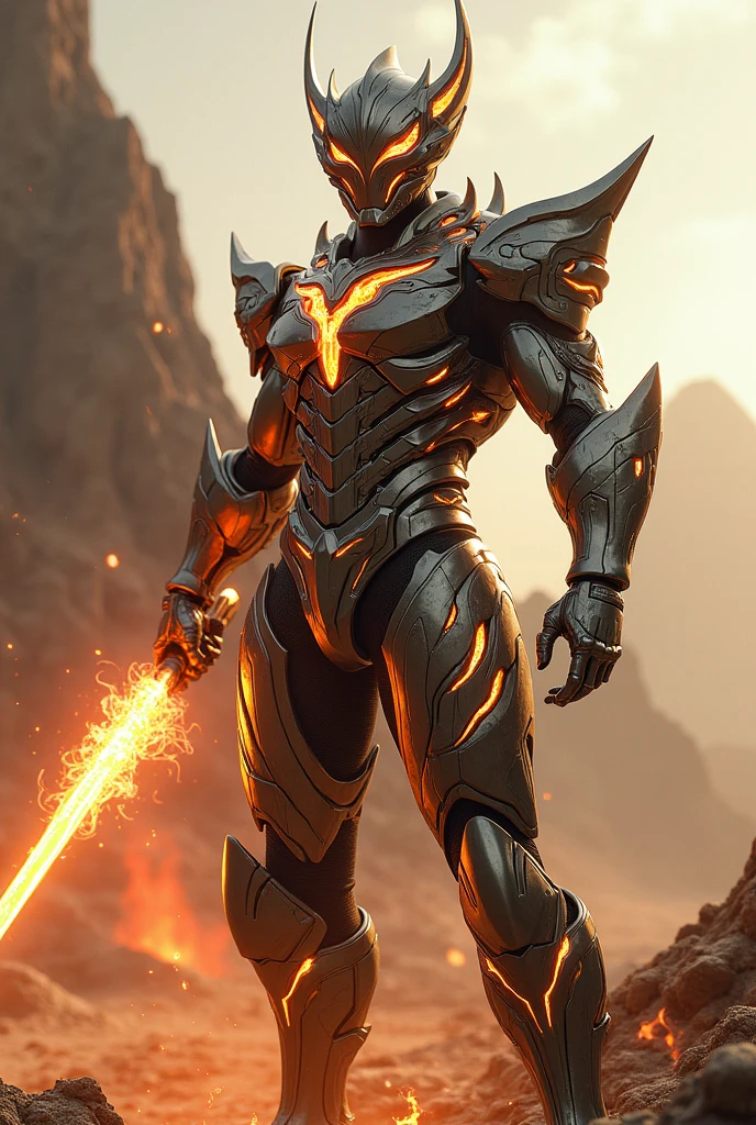 Create superhero with suit full body armour look alike kamen rider with wukong monkey king element hold stick on fire smoke effect background at desert mountain snake skin lava effect on suit fighting action