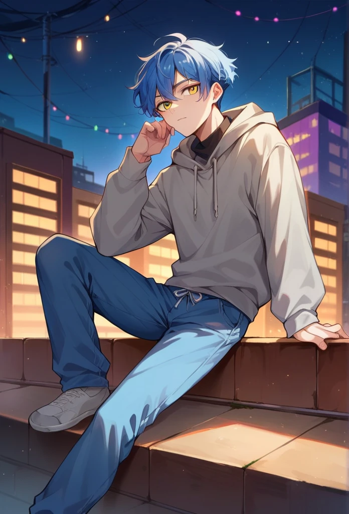 Emijah Shiro, blue hair, yellow eyes, gray jumper, blue pants, sitting on the roof, night city lights against the background 