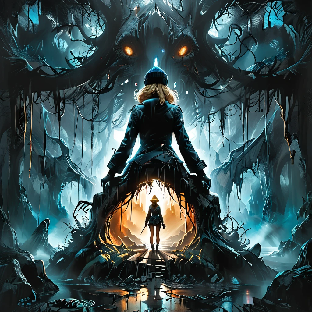 cracks in trees, large cracks in trees, broken branches, deep black entrance to a cave, back view, giant dead tree, dark, dark atmosphere,  from the back ((girl in Blue zipped up down winter jacket and black turtleneck )) and (jeans) and blue gloves and (((blue winter hat)))) in a lotus pose in front of giant dead treel, tropical forest, night, adult, [Nordic], Hourglass elongated fitness body, perfect Olive skin, Rounded shoulders, perfect hand,  (Short blonde Waves pixie hair), long slim fitness legs, graphic style of novel comics, perfect hands, 2d, 8k, hyperrealism, masterpiece, high resolution, best quality, ultra-detailed, super realistic, Hyperrealistic art, high-quality, ultra high res, highest detailed, lot of details, Extremely high-resolution details, incredibly lifelike, colourful, soft cinematic light,