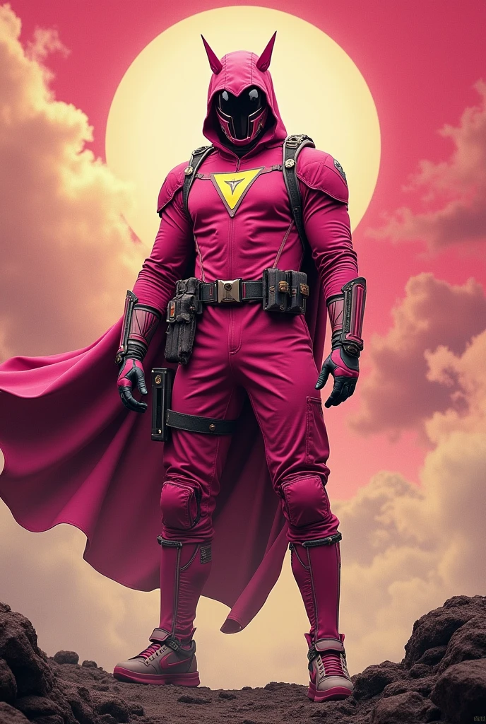 high-tech suit, posterize effects, malaysian superhero (KELUANG MAN) in a striking pink and beige costume cyberpunk design, jumpsuit dark pink stands confidently in a dramatic, stormy landscape. ((Head covered node guard))The character wears a helmet with pointed ears and a flowing cape. Equipped with visible futuristic weapons on a belt, they exude a powerful presence against a backdrop of swirling clouds and a red hue sky.logo on chest triangle shape punisher center on chest pink logo. Pink cargo pant cyberpunk design .. The ground is uneven and rocky, adding to the intense atmosphere. --ar 3:4 --style raw --stylize 500 --v 6.1