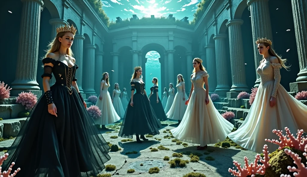 Extra wide angle 16:9 in a big under water ballroom. A super-realistic 18 y.o. beautiful queen sisters and friends mixed together, each in a different poses, europeans. 3 queens are dressed in a black many layered medieval lace-dresses in many layered riven and flowing with gothic garnish. Hyper-realistic fine detailed human eyes 1:1, black long flowing hair with black crowns. 4 queens have light blonde long hair, wearing shiny-gold crowns with pink crystals, dressed in a white and pale pink lace, medieval dresses 1:1. All the queens have best perfect hands, five fingers on each hand, small breasts cleavage, (fine detailed perfect eyes 1:1). Hyper detailed skin on body 1:1. Their faces have perfect detailed skin 1:1. They are all floating in a dark deep sea above a((big medieval ballroom very old realistic 1:3) in an old gothic perished palace)) on the bottom of the sea. Night scene with only pale moonlight. On the bottom of the palace floor are pink corals. Sea moss. Bright colored blue, pink, orange, green fishes swimming around. Octopus. Treasure chest with gold coins and jewelry in it. A fantastic scene that uses 3D Surreal 3D model.The entire setup is masterpiece 1:3 framed with the grandeur of medieval gothic style. photographed in a Canon EOS R5, 50mm Lens, F/2.8, (8K)"