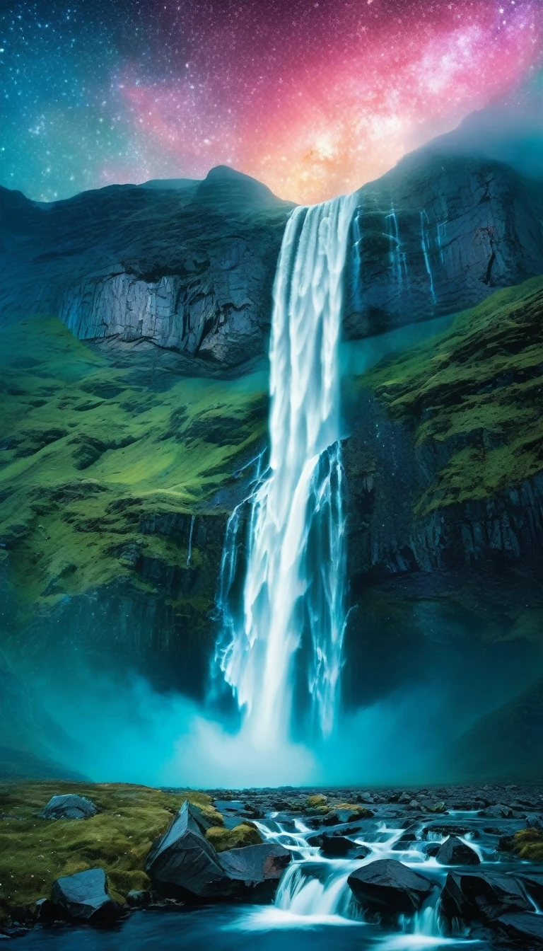 In the vast expanse of space, a waterfall cascades down from the clouds of Asgard, its crystalline droplets reflecting the stars and sparkling nebulae. Capture the raw power and ethereal beauty of Norse mythology&#39;s most iconic landscape, defined by stunning realism and meticulous attention to detail.