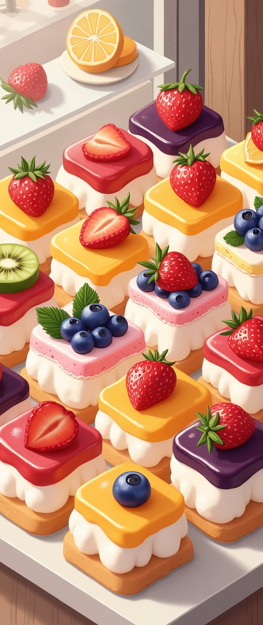 (masterpiece:1.2, Highest quality,Ultra-high resolution,Super detailed),8k,(wallpaper),(Photorealistic:2.0),(Best illustrations:2.0),(Cake shopで働くちびキャラのかわいい女性Pastry chef:2.0),(Cake shopには様々Roll cakes made with various fruits are arranged in a square shape.,Cake shop,Pastry chef,Very simple design),(isometric illustration:2.0)