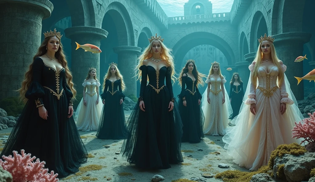 Extra wide angle 16:9 in a big under water ballroom. A super-realistic 18 y.o. beautiful queen sisters and friends mixed together, each in a different poses, europeans. 3 queens are dressed in a black many layered medieval lace-dresses in many layered riven and flowing with gothic garnish. Hyper-realistic fine detailed human eyes 1:1, black long flowing hair with black crowns. 4 queens have light blonde long hair, wearing shiny-gold crowns with pink crystals, dressed in a white and pale pink lace, medieval dresses 1:1. All the queens have best perfect hands, five fingers on each hand, small breasts cleavage, (fine detailed perfect eyes 1:1). Hyper detailed skin on body 1:1. Their faces have perfect detailed skin 1:1. They are all floating in a dark deep sea above a((big medieval ballroom very old realistic 1:3) in an old gothic perished palace)) on the bottom of the sea. Night scene with only pale moonlight. On the bottom of the palace floor are pink corals. Sea moss. Bright colored blue, pink, orange, green fishes swimming around. Octopus. Treasure chest with gold coins and jewelry in it. A fantastic scene that uses 3D Surreal 3D model.The entire setup is masterpiece 1:3 framed with the grandeur of medieval gothic style. photographed in a Canon EOS R5, 50mm Lens, F/2.8, (8K)"