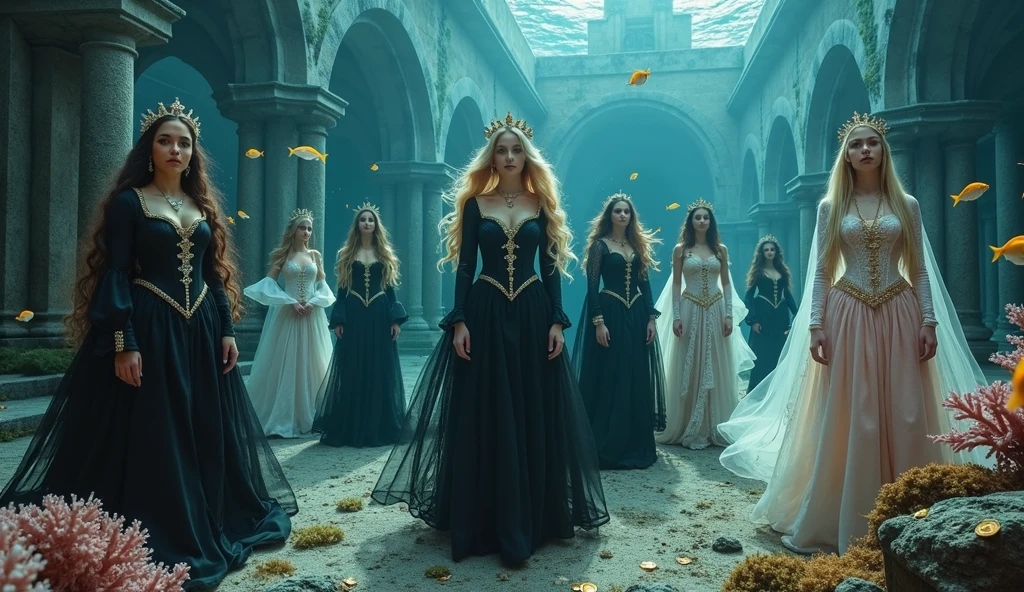 Extra wide angle 16:9 in a big under water ballroom. A super-realistic 18 y.o. beautiful queen sisters and friends mixed together, each in a different poses, europeans. 3 queens are dressed in a black many layered medieval lace-dresses in many layered riven and flowing with gothic garnish. Hyper-realistic fine detailed human eyes 1:1, black long flowing hair with black crowns. 4 queens have light blonde long hair, wearing shiny-gold crowns with pink crystals, dressed in a white and pale pink lace, medieval dresses 1:1. All the queens have best perfect hands, five fingers on each hand, small breasts cleavage, (fine detailed perfect eyes 1:1). Hyper detailed skin on body 1:1. Their faces have perfect detailed skin 1:1. They are all floating in a dark deep sea above a((big medieval ballroom very old realistic 1:3) in an old gothic perished palace)) on the bottom of the sea. Night scene with only pale moonlight. On the bottom of the palace floor are pink corals. Sea moss. Bright colored blue, pink, orange, green fishes swimming around. Octopus. Treasure chest with gold coins and jewelry in it. A fantastic scene that uses 3D Surreal 3D model.The entire setup is masterpiece 1:3 framed with the grandeur of medieval gothic style. photographed in a Canon EOS R5, 50mm Lens, F/2.8, (8K)"