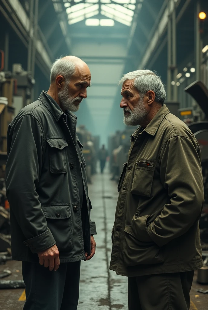 Two middle-aged men are talking in a depressed mood in a factory.
There are many machines beside them.