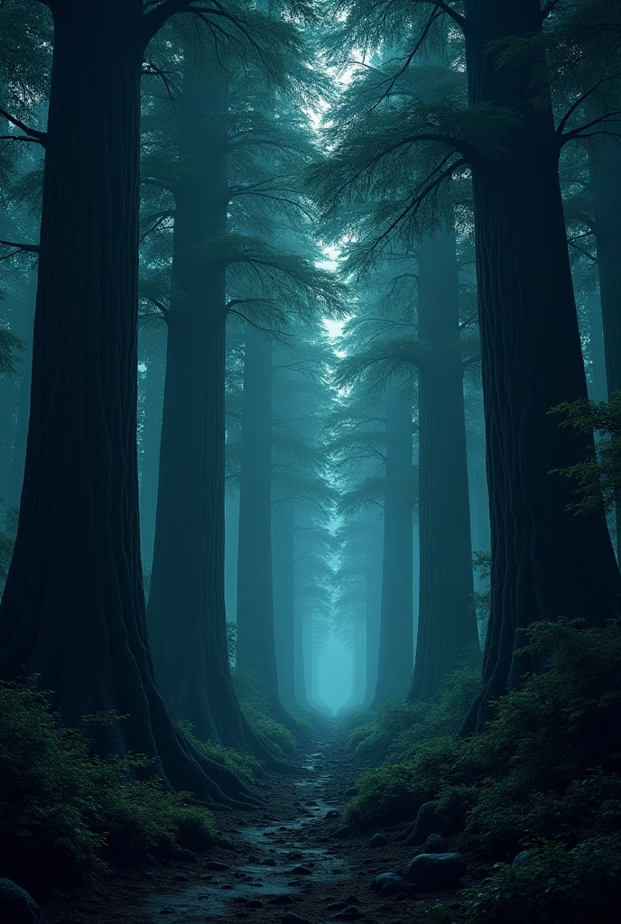 A mysterious forest full of enormous trees. Without people at night