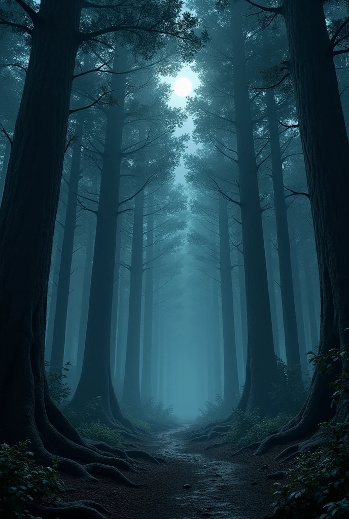 A mysterious forest full of enormous trees. Without people at night