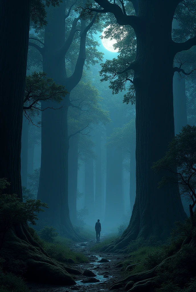A mysterious forest full of enormous trees. Without people at night