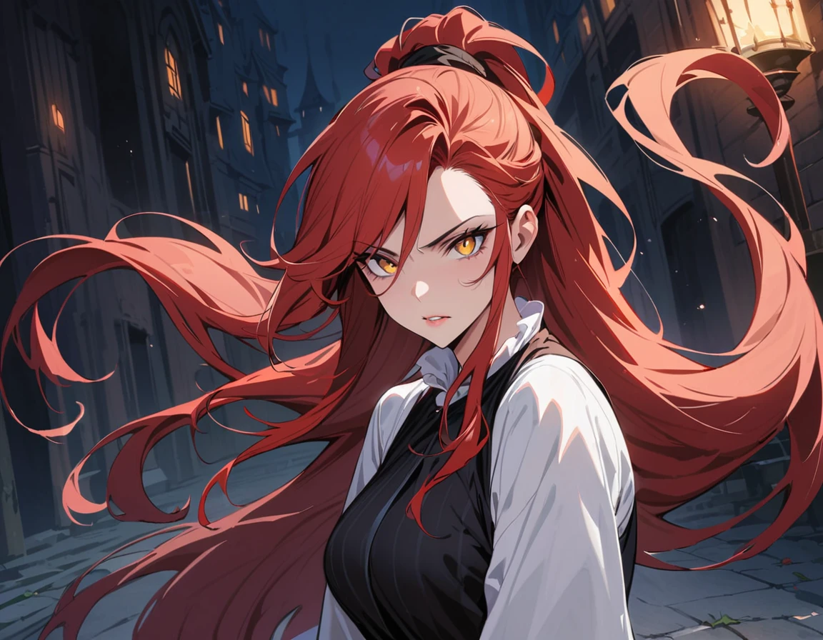 Long red hair, yellow eyes, evil, sexy, black and red clothes, tied hair, cute hairstyle, evil face, evil, serious look, gloss lips, sit, sinister, front look, bloody, gloves, beautiful eyes, short dress, big white, dark place, night, sensual, straigh hair cut, clear skin, evil, young 30 years girl, adult girl, solo, red, very long hair, HAIR DOWN, ANKLE LENGTH HAIR, FIERCE EXPRESSION, villain, handsome older WOMAN,crimson-eyes,crimson pupils,Long CRIMSONhair,Hyperresolution,accuracy,Detailed rendering,(Subtle facial image)(Image of fine hair)(topquality)(Masterpieces of masters)(High degree of completeness)(A sense of atmosphere)tmasterpiece,Super detailed and super detailed(portrait))(((Mature woman))) (((Villain))) (((Older female)))(((half body view)))(((Hair tied back into a long ponytail)))(((cLOSE UP)))