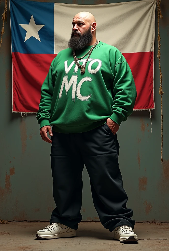 Maturemalemix white rapper thick build bald with beard and mustache with green sweatshirt with graffiti that says Vito Mc black wide pants and white Nike sneakers blue and red additional Chilean flag hanging somewhere 