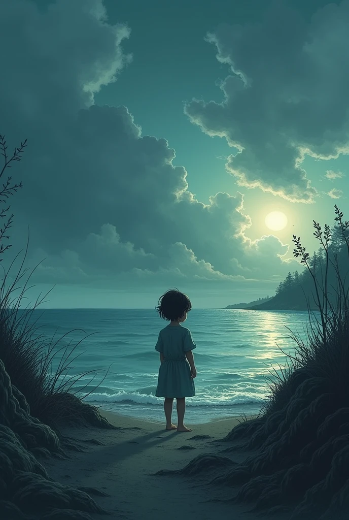 When my mother goes to dig for oysters in the shade of the island,
The baby was left home alone,
To the lullaby that the sea sings,
I cut my arm and fell asleep.,