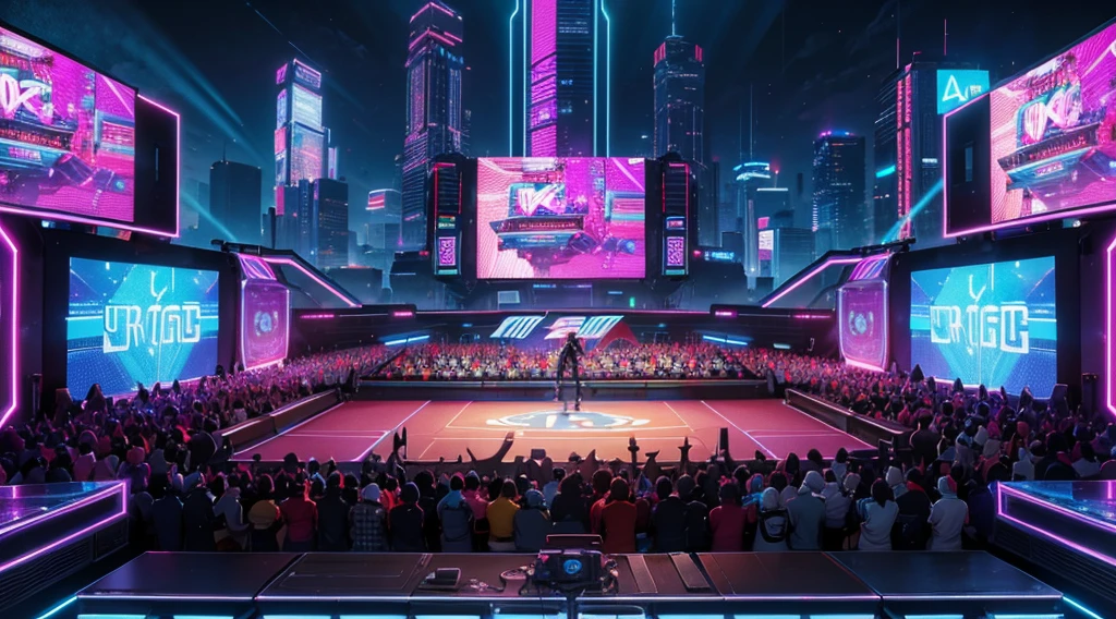 /imagine prompt: Overhead view of a rap battle stage, as if seen from a drone above the stage. The central big screen and two large side screens display electrifying visuals. The crowd is pulsating with energy, illuminated by neon and holographic lights bouncing off metallic surfaces. The background is a futuristic digital city with towering skyscrapers and bright billboards. Created Using: futuristic design, dynamic angles, neon and holographic lighting, cinematic depth, ultra-detailed textures, vibrant colors, game character art --ar 16:9 --v 6.0