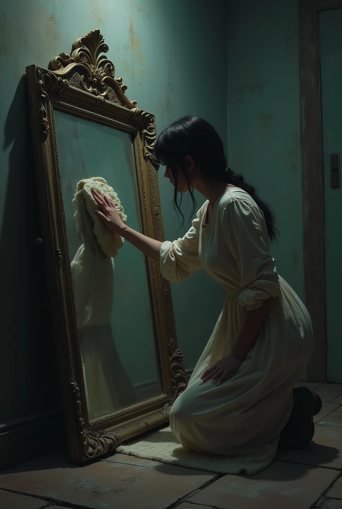 A dimly lit room with an antique mirror leaning against the wall, Partially covered with dusty cloth. I see a young woman cleaning., With a slightly anxious look.