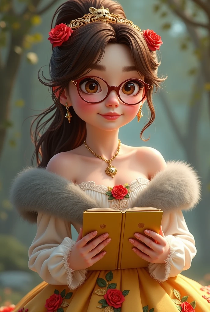 Imagem da filha da Ramona Badwof e da Rosabella Beauty de Ever After High: You have to have a long wavy brown ponytail with bangs and red highlights in your hair, first of all, light brown eyes, brown glasses with a red rose, long white blouse with red roses and green leaves on the blouse and sleeves, golden skirt with golden roses, a faux fur collar around the neck of gray color, brown high heel boots with roses, golden flower tiara on head, wolf earrings, wolf pendant and a yellow tablet with red roses in hands