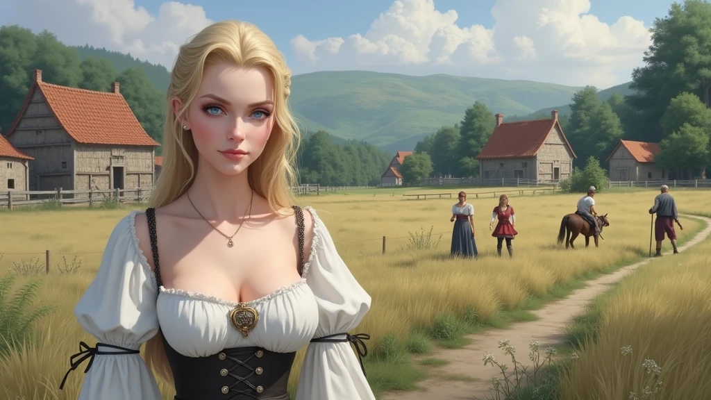 Masterpiece, Best Quality, (Perfect Face:1.1) , (High Detail:1.1), a photograph of Guinwen by Crvgg, Guinwen as a young maid, 8k, 1 girl, realistic photograph, pretty face, Face of Guinwen, beautifully detailed eyes, muito detalhado, blond hair, blonde hair, gray eyes, visible waist, large breasts, huge breasts, full cleavage, Hairline, in the background a medieval farming village, Farmers in the background, Peasant dress, fully clothed, Mediovale, Portrait, Fields in the background, small farmhouses, full body, oil painting, nipples showing, (photorealism:1.2), photorealistic,