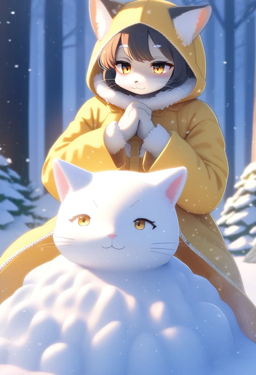 ((Masterpiece)), ((Best Quality)), (Very Detailed), ((Very Detailed)), 4K, (8K), very aesthetic, absurdres highres, 1 woman, (anthropomorphic cat, furry, kemono:1.5), In a snowy landscape, a woman wearing a bright yellow raincoat is creating a detailed snow sculpture of a cat. The scene is set in a quiet forest during a gentle snowfall, with the evening light providing a warm contrast to the cold surroundings.