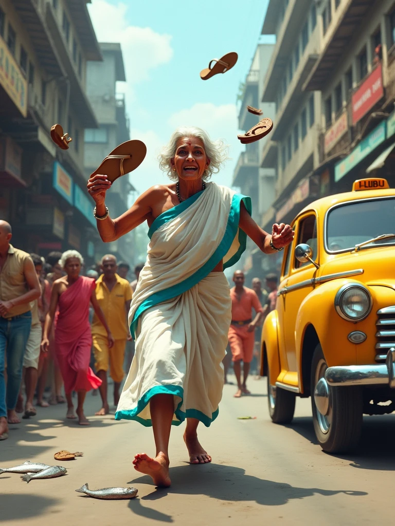 Illustrate a comedic scene in the heart of Kolkata, where a feisty elderly Bengali woman, dressed in a white and blue-bordered sari, is sprinting down the street, brandishing a sandal in one hand. She’s on a mission, and the terrified crowd of Bengali men and women in traditional attire is hilariously trying to dodge the flying sandals she’s flinging their way. Iconic yellow Ambassador taxis, street vendors selling fish, and old colonial buildings add to the chaos and charm of the scene.