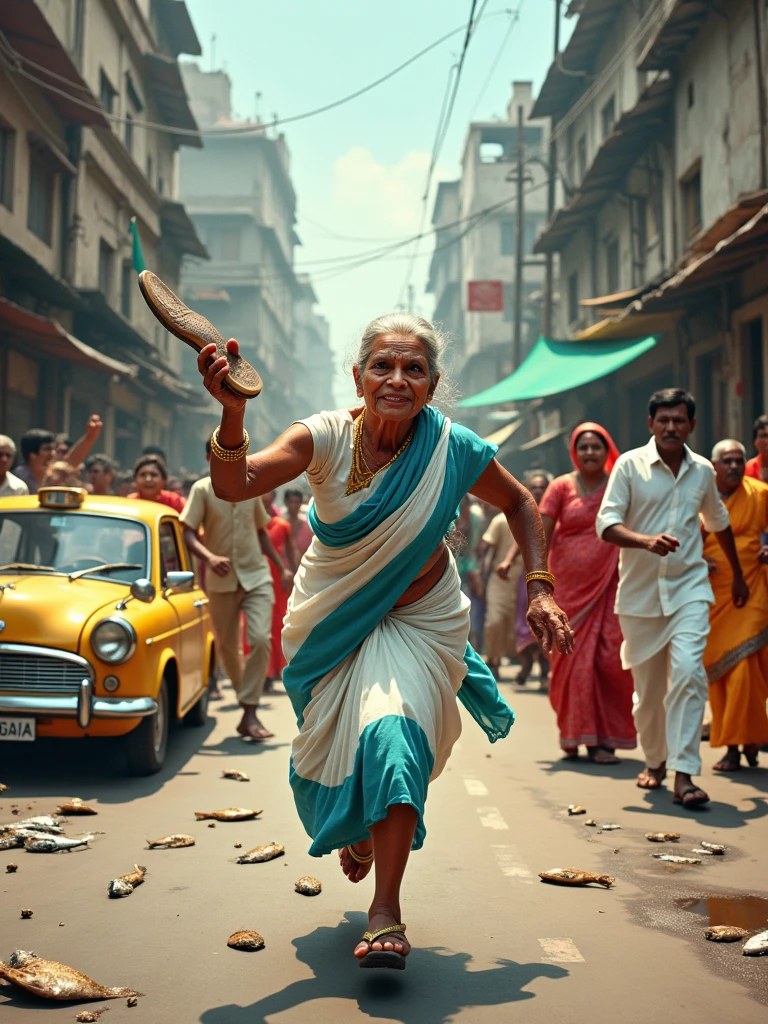 Illustrate a comedic scene in the heart of Kolkata, where a feisty elderly Bengali woman, dressed in a white and blue-bordered sari, is sprinting down the street, brandishing a sandal in one hand. She’s on a mission, and the terrified crowd of Bengali men and women in traditional attire is hilariously trying to dodge the flying sandals she’s flinging their way. Iconic yellow Ambassador taxis, street vendors selling fish, and old colonial buildings add to the chaos and charm of the scene.