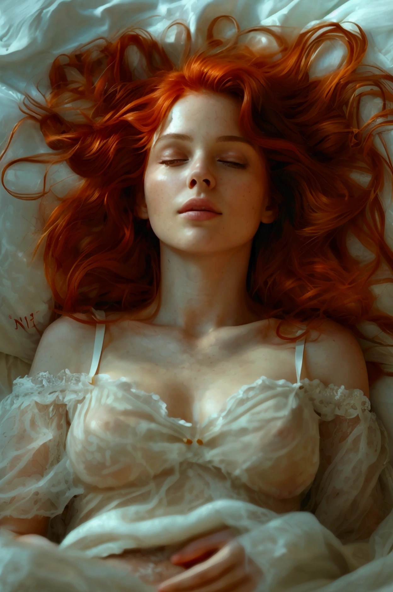 photorealistic image of a femme, Ultraréaliste, la photographie, longs cheveux roux, femme, 2, chiffre de sablier, corps parfait, look affectueux, seins moyens naturels, she is nu, Dans la chambre, au lit, she is laying au lit on her back, nu, ses jambes sont écartées, elle a les yeux fermés et la bouche ouverte, elle gémit
