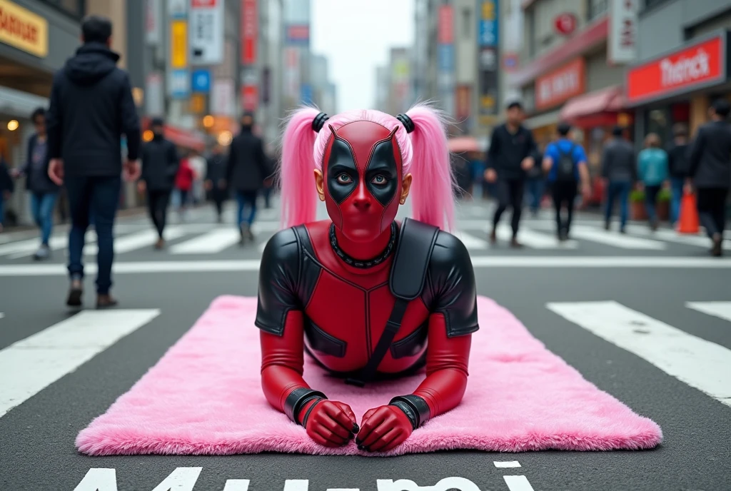 (Japanese middle-aged woman), (Deadpool costume and makeup:1.5), Deadpool woman with pink hair and twin tails、In the middle of Tokyo's scramble crossing「mu-mi」She is lying on a pink bath mat with the words、Surrounded by passers-by。