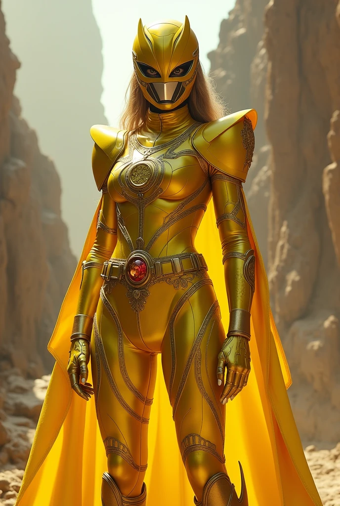 Yellow Power Ranger Girl with full shining shimmering armor,full covered face with hair hidden